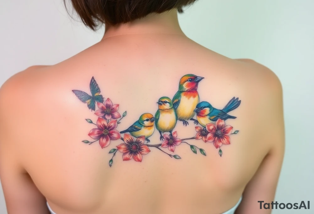 Mom bird and three baby birds with flowers tattoo idea