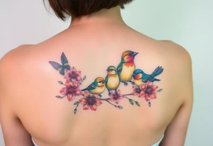 Mom bird and three baby birds with flowers tattoo idea