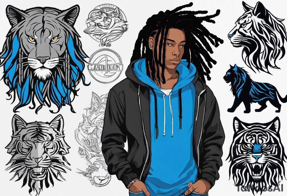 black well built teen with with a grey hoodie on and blue jeans with long dreads morphing 
into a blue wildcat in various spots on his body. I want his hoodie appear as if its been ripped in random places from the inside with I Carolina blue football jersey showing underneath that reads Camden tattoo idea