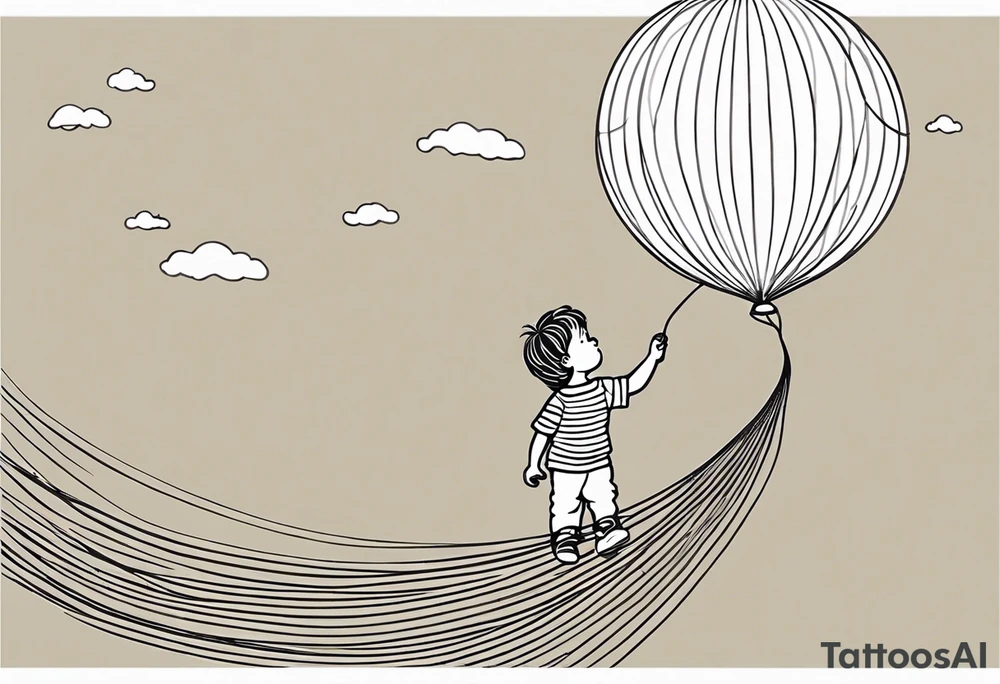 little boy holding a string to the earth shaped baloon.
boy should be drawed from behinfd anhas one hand reaching up in 45 degree angle and holding the baloon string
the string has a big wave in like a hearbeat pulse on it.
baloon is in the shape of the eharth and red toned. tattoo idea