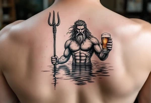 poseidon in calm water, holding a trident, holding a beer, with bare feet tattoo idea