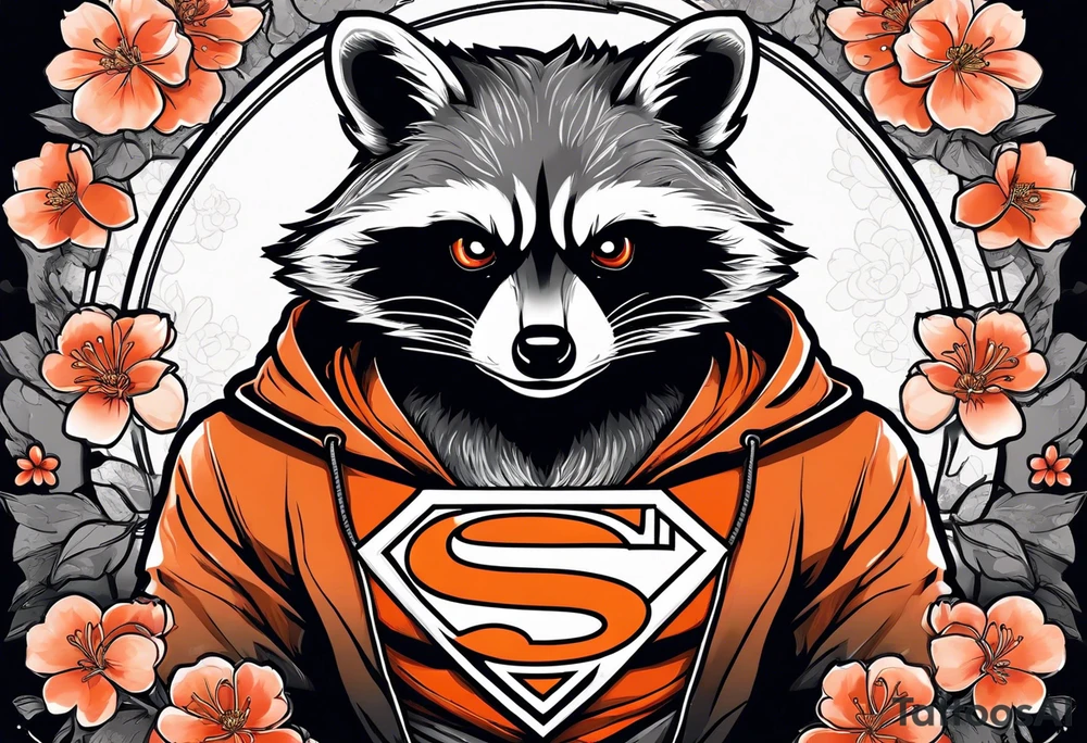 Raccoon wearing a white Superman logo on a black hoodie and orange Japanese cherry blossoms beside tattoo idea