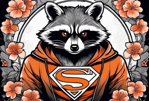 Raccoon wearing a white Superman logo on a black hoodie and orange Japanese cherry blossoms beside tattoo idea
