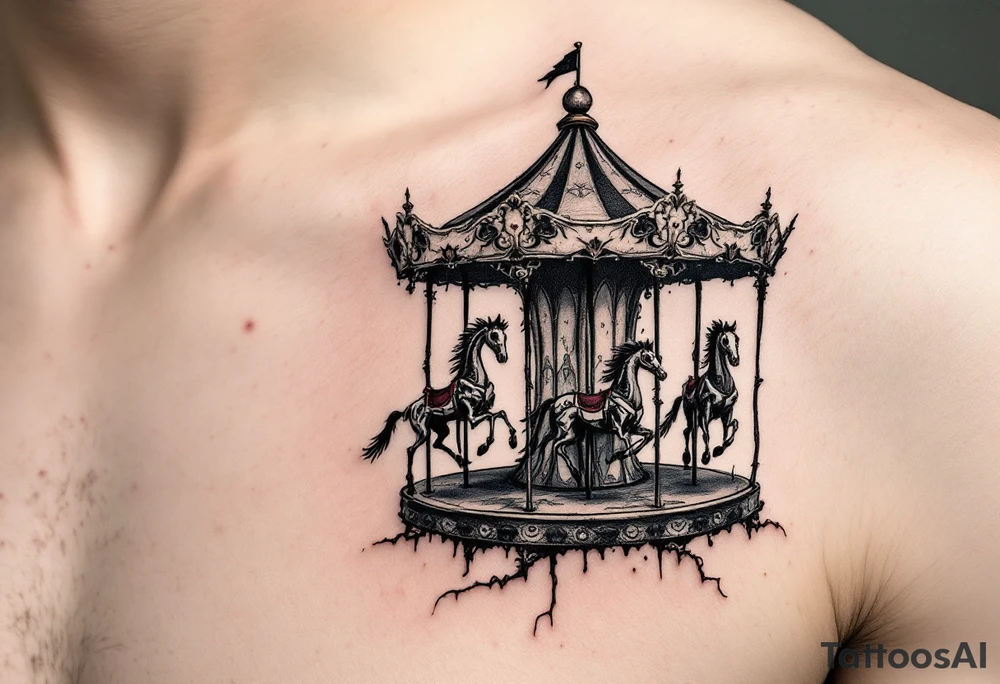 Tim Burton’s twisted carousel spins in black, gray, and faded burgundy, with skeletal horses and crooked poles. tattoo idea
