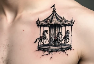 Tim Burton’s twisted carousel spins in black, gray, and faded burgundy, with skeletal horses and crooked poles. tattoo idea