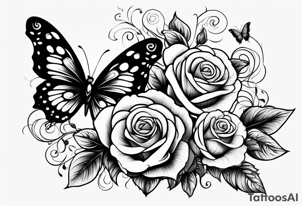 Butterfly flying with roses & filligree tattoo idea