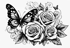 Butterfly flying with roses & filligree tattoo idea