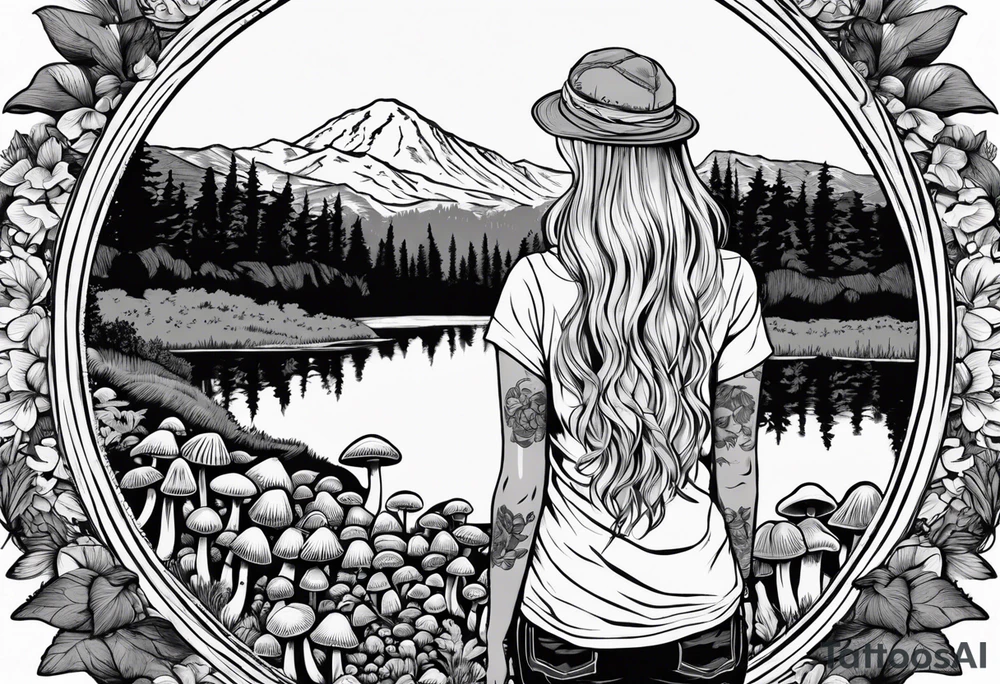 Whole picture encircled fully

Straight long blonde hair hippie girl in distance holding mushrooms in hand facing away toward mountains and creek surrounded by mushrooms tee shirt and hiking pants; whole rendering within a full circle, no cut off circle tattoo idea