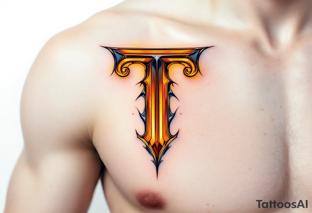 An amber "T" (matte, not neon) with slight burnished edges. tattoo idea