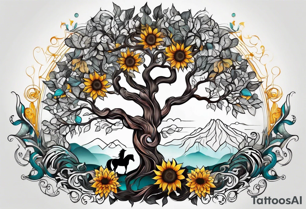 Yggdrasil tree, horse, sunflower tattoo idea