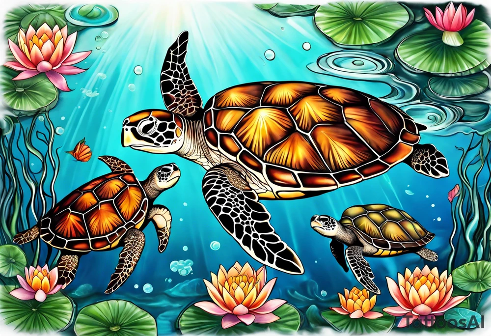 One larger sea turtle with two baby sea turtles, water, moon, and 4 water lilies tattoo idea