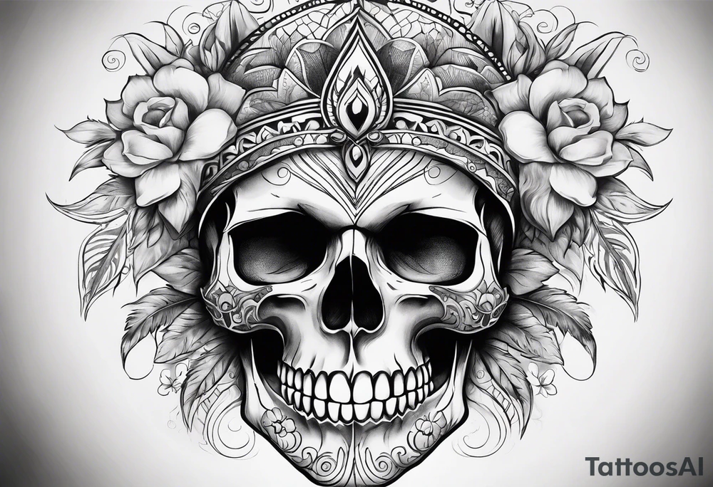 Draw me a realistic skull with big smoke out of his mouth add some flowers underneath with some mandalas Down under it tattoo idea
