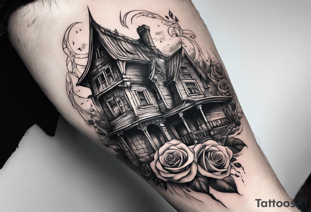 fool sleeve,, abandoned old gotic house, broken sword, roses, tattoo idea