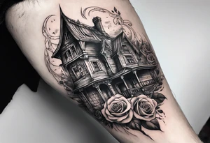 fool sleeve,, abandoned old gotic house, broken sword, roses, tattoo idea