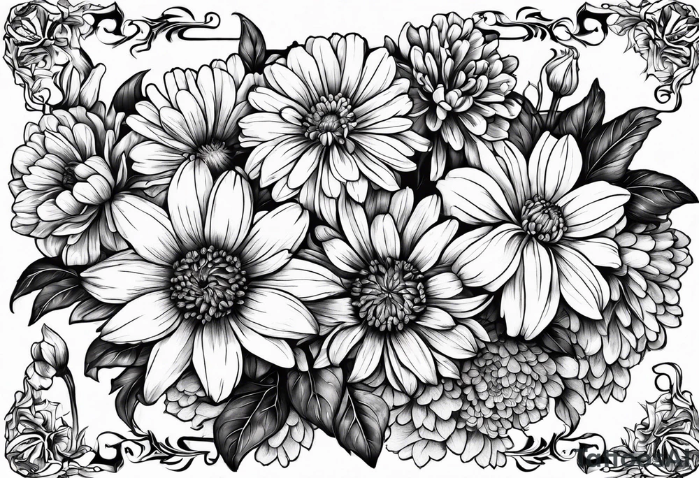 A stemless marigold, chrysanthemum, and 
narcissus tattoo idea