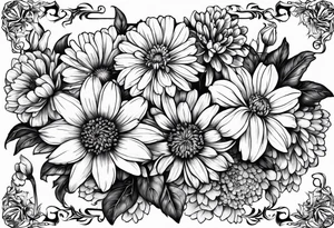 A stemless marigold, chrysanthemum, and 
narcissus tattoo idea