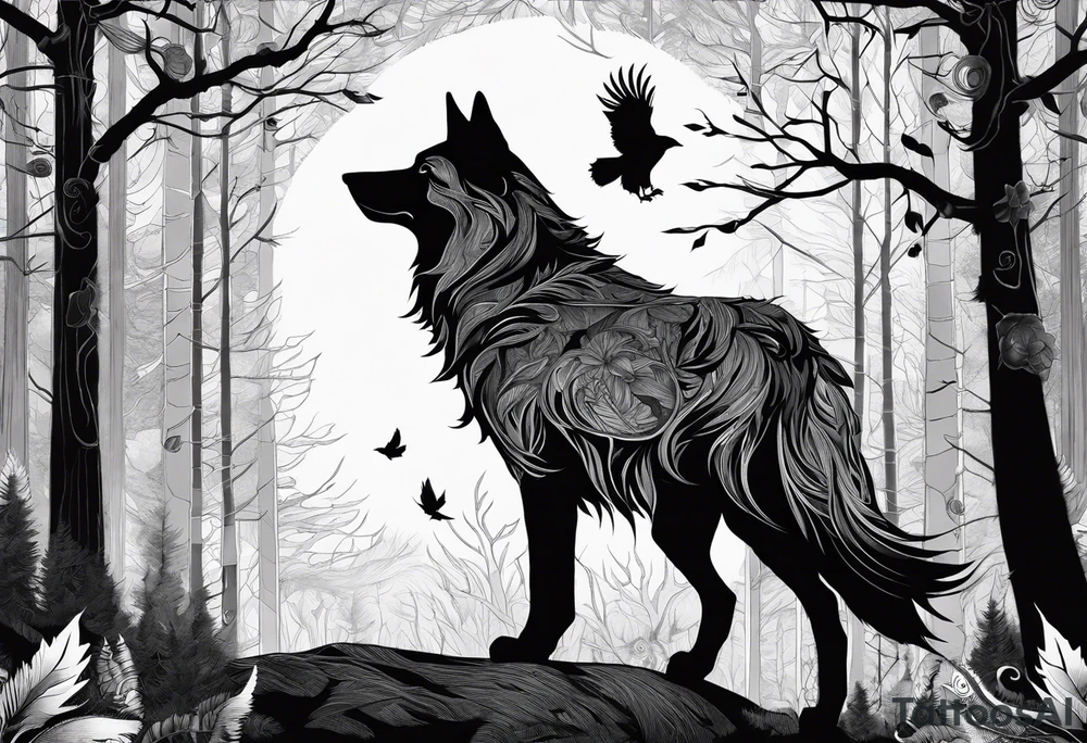 main character ist an impressive wolf, a crow talks to the wolf, background a gloomy forest tattoo idea