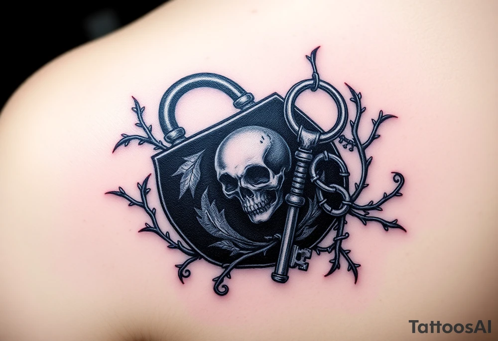 A black gothic-style lock with silver skull details, with a matching key entwined in thorny vines tattoo idea