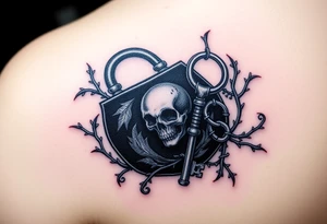 A black gothic-style lock with silver skull details, with a matching key entwined in thorny vines tattoo idea