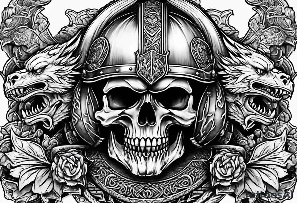 Viking skull with helmet and dragon head tattoo idea