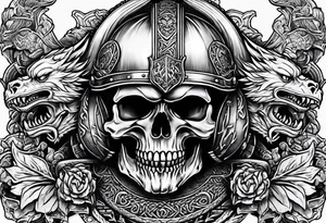 Viking skull with helmet and dragon head tattoo idea