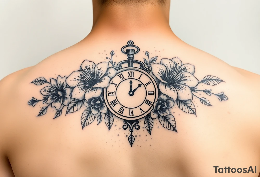 Pretty flowers with 8/20/65 included and leo sign with a heart clock on shoulder tattoo idea