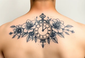 Pretty flowers with 8/20/65 included and leo sign with a heart clock on shoulder tattoo idea