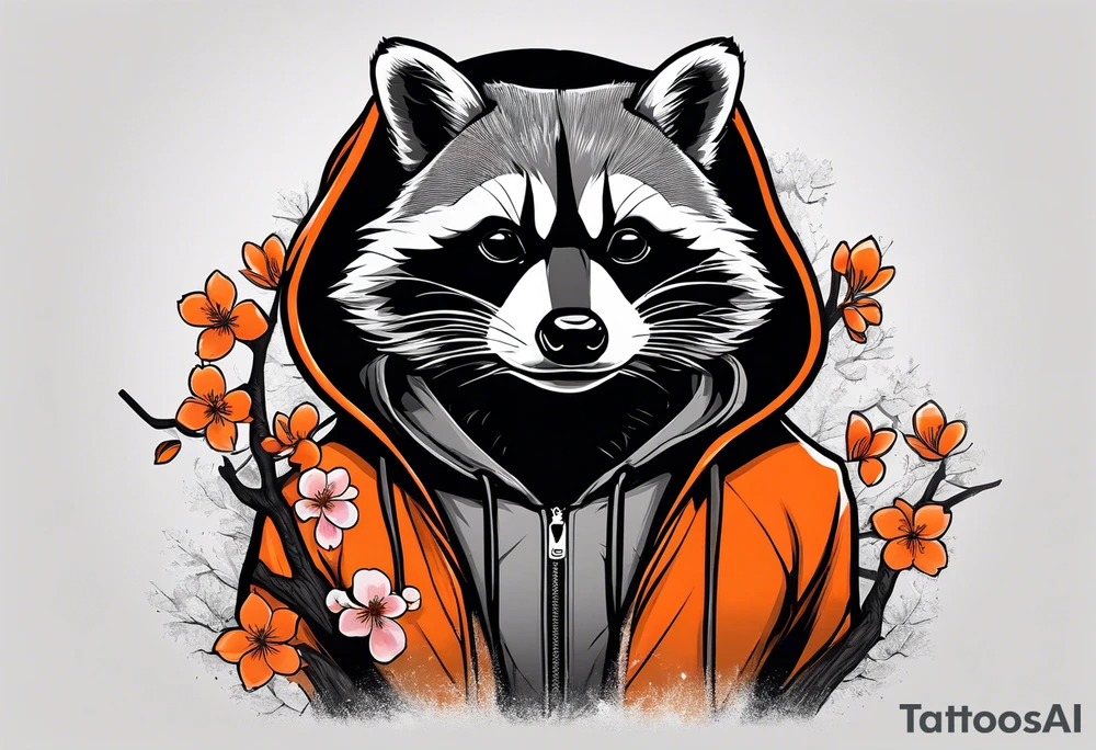 Raccoon wearing a white Superman logo on a black hoodie and orange Japanese cherry blossoms tattoo idea