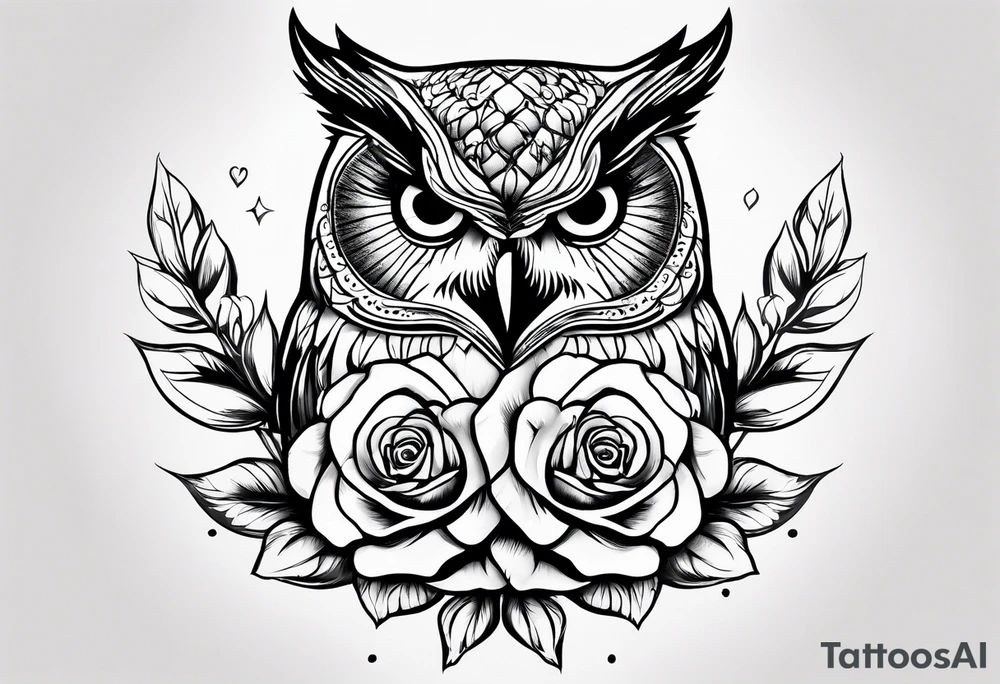 An owl, a rose, a paw print tattoo idea
