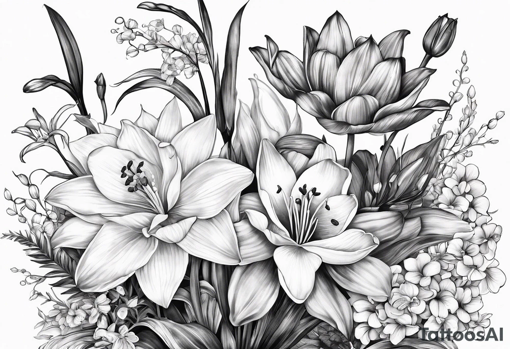 A bouquet of flowers with a water lily, gladiolus, poppy, lily of the valley, daffodil, and a honey suckle with long stems tattoo idea