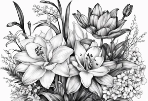 A bouquet of flowers with a water lily, gladiolus, poppy, lily of the valley, daffodil, and a honey suckle with long stems tattoo idea