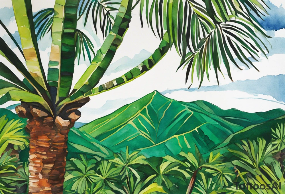 Tattoo: A striking Gachala emerald sits at the base of a tall quindio wax palm, which grows resiliently from cracks in rugged, rocky soil. The emerald is the main focal point, symbolizing strength and endurance, while the wax palm, rooted in the soil’s crevices, represents growth and resilience. A small water stream flows gently from the rocks, adding an element of life and nourishment tattoo idea