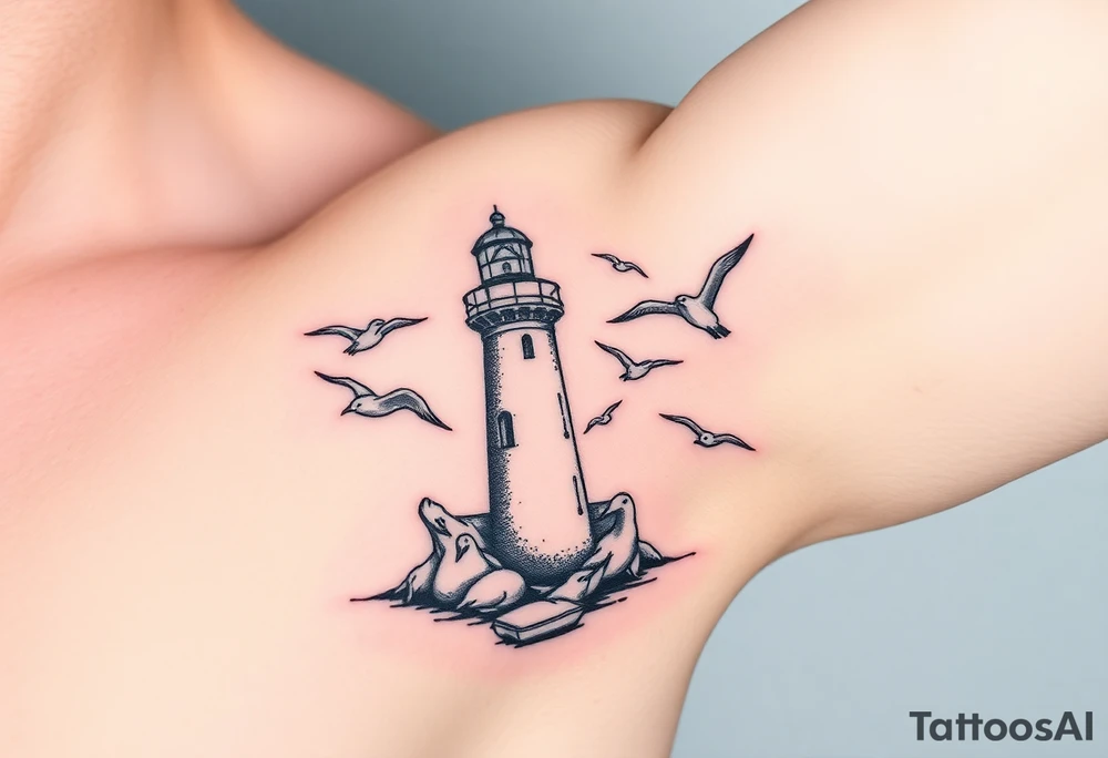 Baltic Sea tattoo with lighthouse surrounded by seagulls tattoo idea