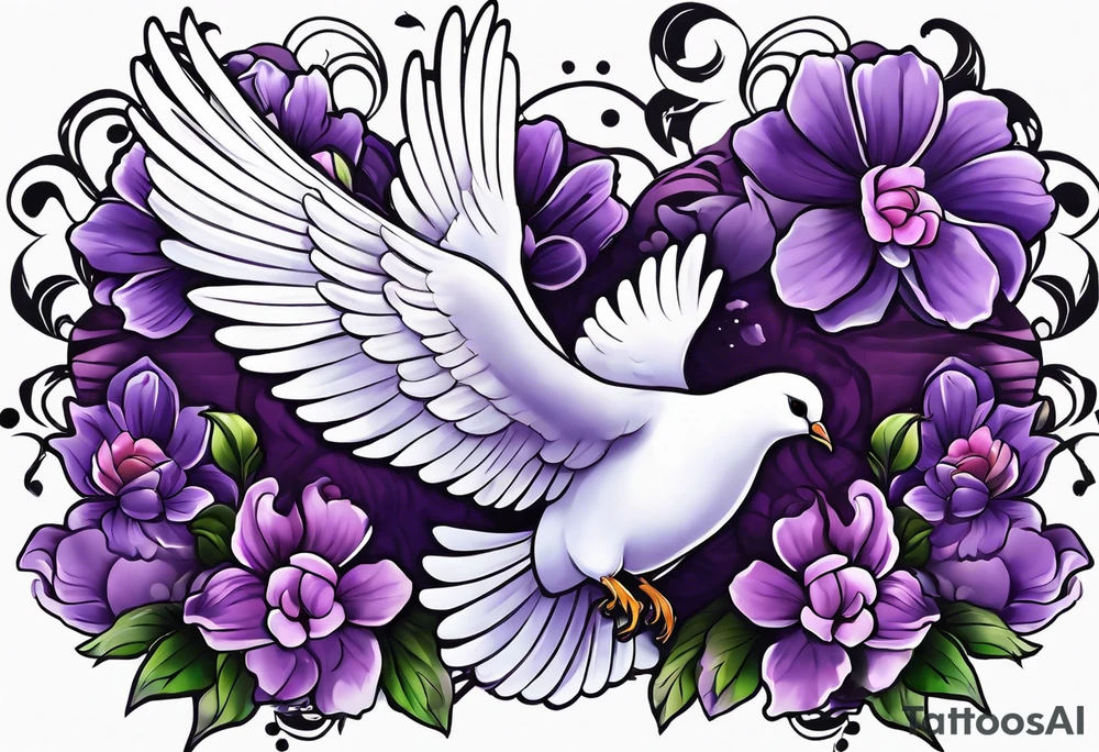 Purple flowers with a small realistic white dove coming from heaven to commemorate somebody that passed away. tattoo idea