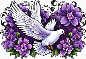 Purple flowers with a small realistic white dove coming from heaven to commemorate somebody that passed away. tattoo idea
