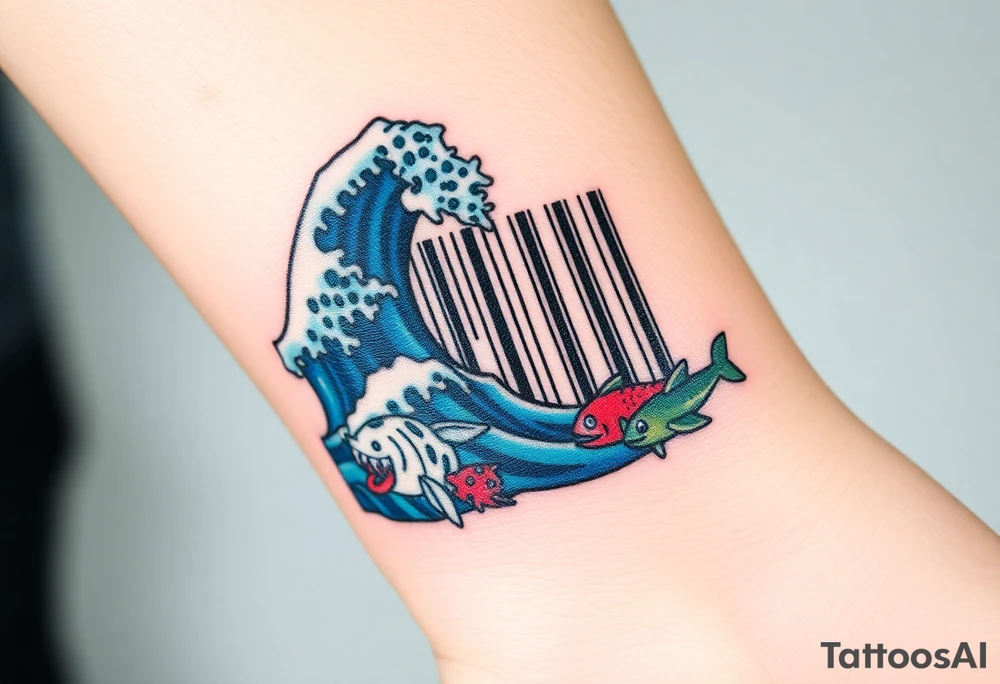 A barcode that seamlessly blends into high ocean waves with other sea life creatures tattoo idea