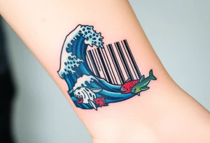 A barcode that seamlessly blends into high ocean waves with other sea life creatures tattoo idea