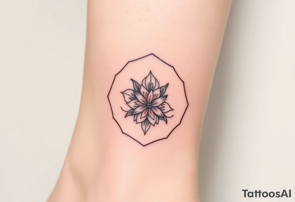 Faint Hexagon with Leo, larkspur and water lilies in the center tattoo idea