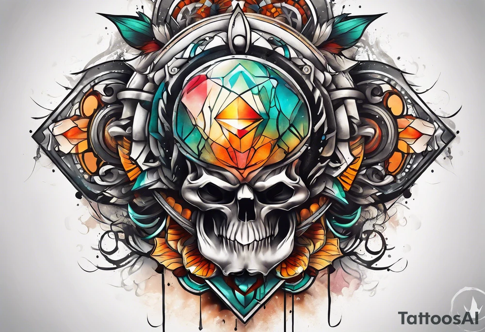 front knee tattoo with geometry, swirls & washes, background washes tattoo idea