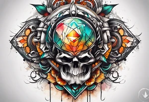 front knee tattoo with geometry, swirls & washes, background washes tattoo idea