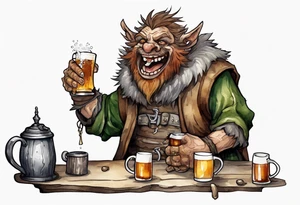 a medieval Bugbear wearing a tunic and drinking from a pewter mug of beer in a tavern, laughing tattoo idea