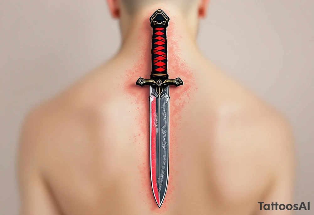Samurai Dagger (Tanto Blade) – A traditional Japanese tanto dagger with a red and black wrapped hilt, featuring golden accents. The blade is polished steel with a faint wave pattern, representing a finely crafted katana. tattoo idea