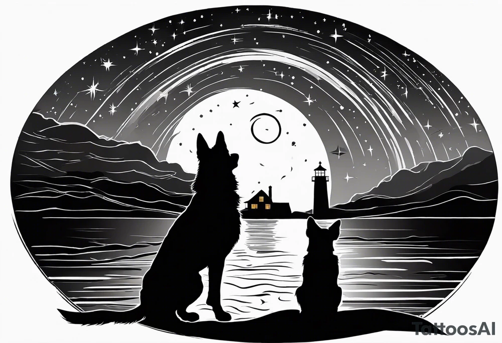 A silhouette of a german shephard, and a human male, looking up at a night sky in the style of Van Gogh Starry Night with a lighthouse in the background. Make the image twice as tall as it is wide. tattoo idea