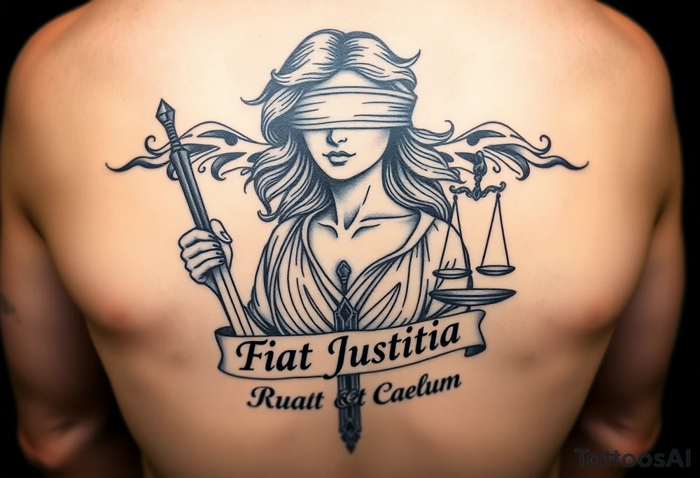 A striking black and grey tattoo design of a regal, blindfolded woman, symbolizing justice. She has an air of strength and wisdom, with flowing hair and a serene yet powerful expression. One breast is exposed, representing vulnerability and truth. She holds a sword in one hand, symbolizing enforcement of justice, and a set of scales in the other, signifying balance. The Latin phrase ‘Fiat Justitia Ruat Caelum’ is elegantly inscribed in a classical, Roman-inspired font, either flowing beneath her or wrapping around the design. The overall style is a fusion of realism and fine-line tattoo artistry, with intricate shading and dramatic contrasts to give depth and texture tattoo idea