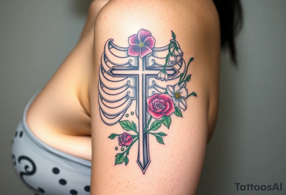 A tattoo with ribs and a cross representing from death to life. Incorporate the following flowers in a bouquet coming out of the life side. Morning Glory, Lily of the Valley, Daffodil, Rose, Poppy, Violet tattoo idea