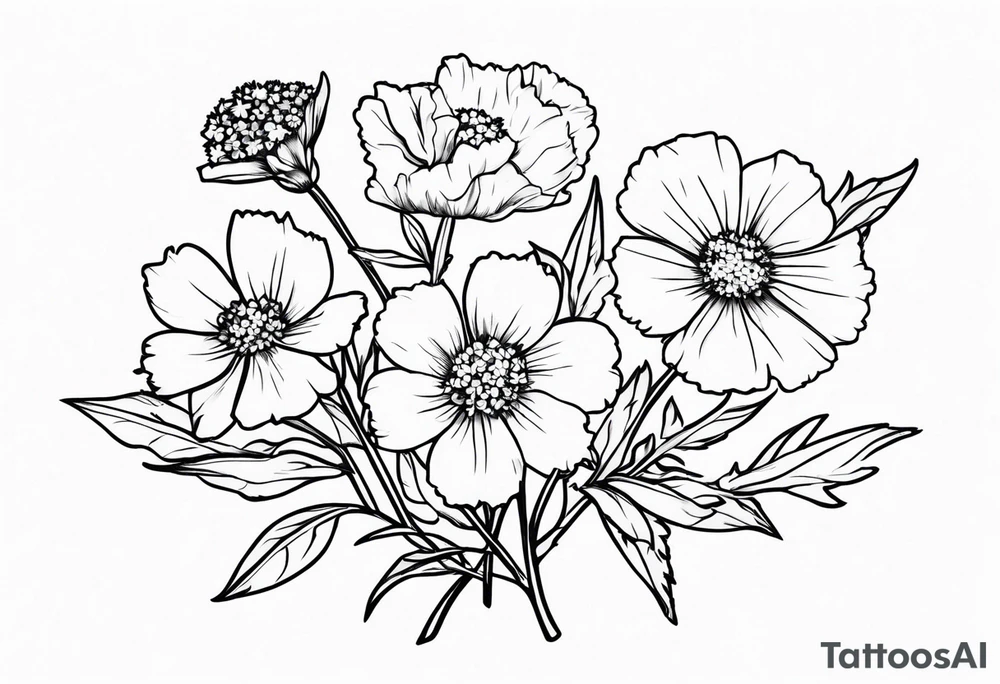 bouquet of forget me not , carnation , and aster flowers with a stem tattoo idea