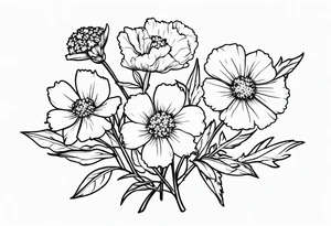 bouquet of forget me not , carnation , and aster flowers with a stem tattoo idea