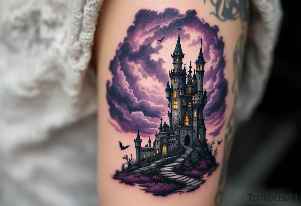 Tim Burton’s crooked castle rises under a thunderous sky in stormy grays and moody purple shadows tattoo idea