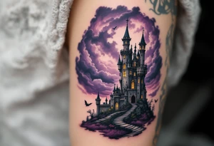 Tim Burton’s crooked castle rises under a thunderous sky in stormy grays and moody purple shadows tattoo idea