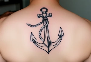 weathered anchor wrapped in nautical rope with sea waves tattoo idea